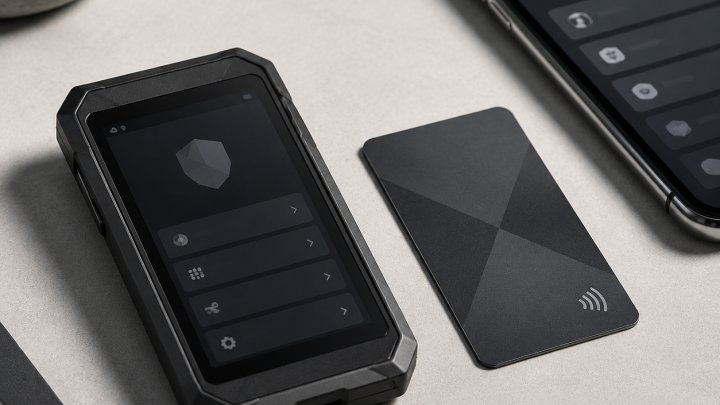 Abstract comparison of a touchscreen hardware wallet and NFC card wallet