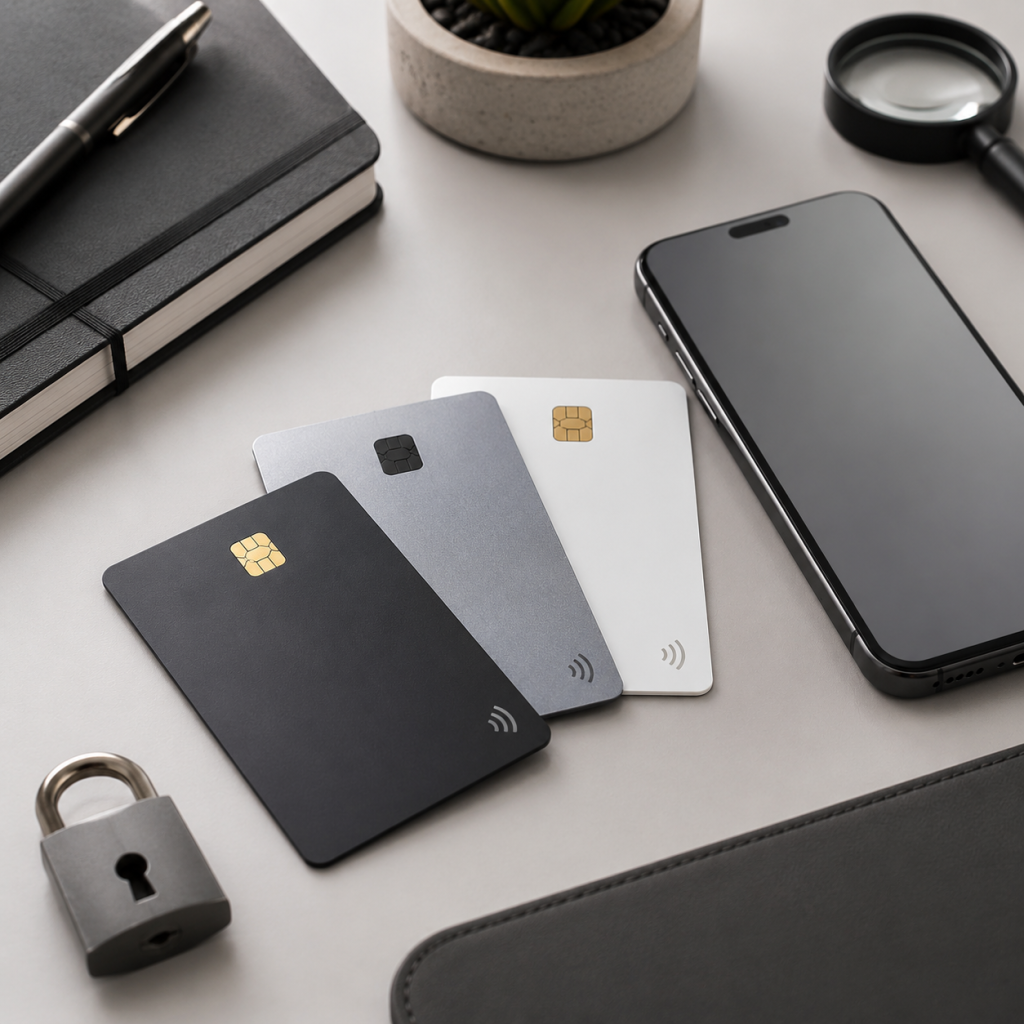 Generic NFC card hardware wallet beside a phone