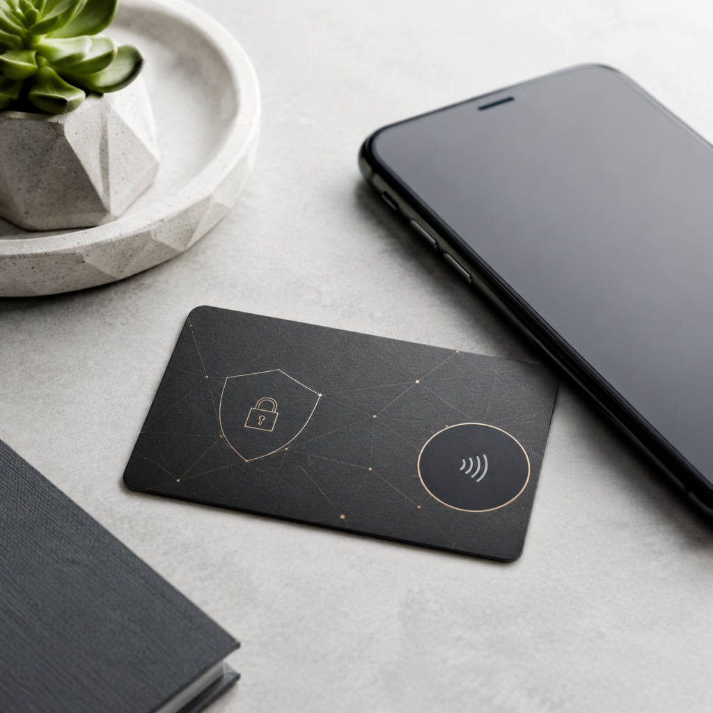 NFC hardware wallet concept beside a smartphone